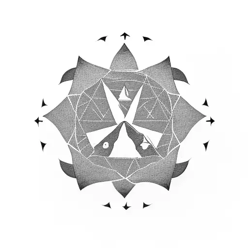 A simple black tattoo: circular with twin peaks at center. Circle around peaks is a paraglider sail, torn in two at top  tattoo design idea