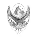 A fierce eagle soaring above a rugged mountain range tattoo design idea
