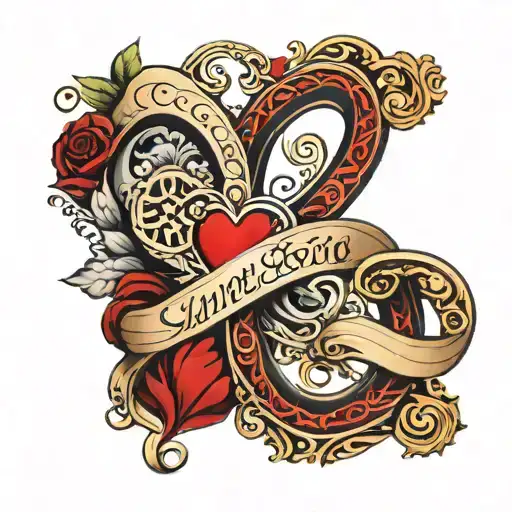 Infinity sign with heart and name written Laura and Sven tattoo design idea