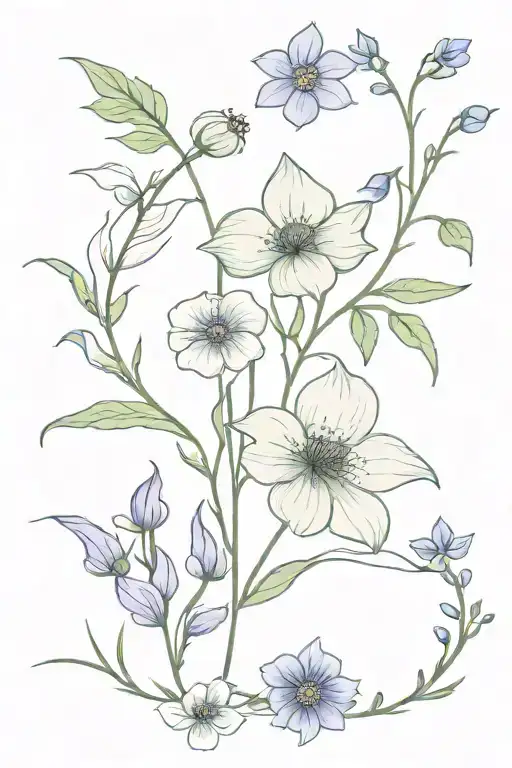 lavender, poppy, forget me not flowers and a Pothos vine tattoo design idea