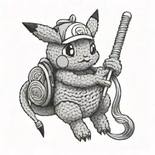 A tattoo of a Pokemon character holding a crochet hook and yarn, combining your love for Pokemon and crochet tattoo design idea