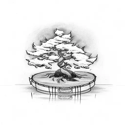 make a bonsai tree hanging from a drum using a dog paw as backgroud tattoo design idea