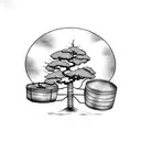 make a bonsai tree hanging from a drum using a dog paw as backgroud tattoo design idea