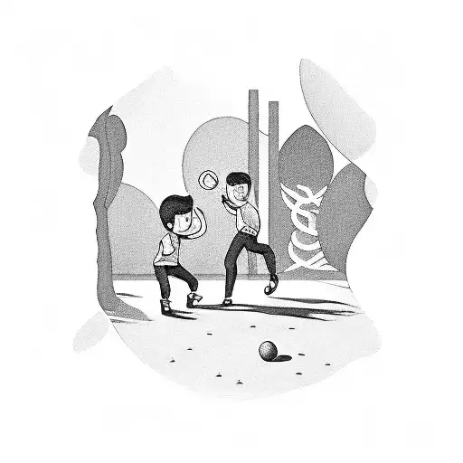 A blackwork tattoo of a father and child playing catch, capturing a special memory tattoo design idea