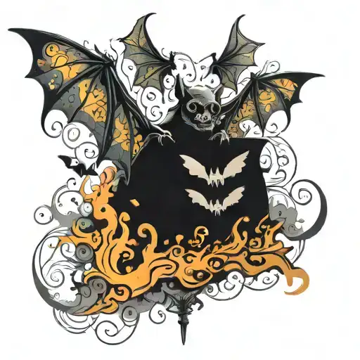 Bats sillhouettes with skullhead in the background surrounded by smoke and music notes, burning cigar in the middle  tattoo design idea