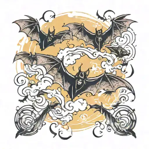 Bats sillhouettes in the background surrounded by smoke and music notes, burning cigar in the middle ALN on cigar  tattoo design idea
