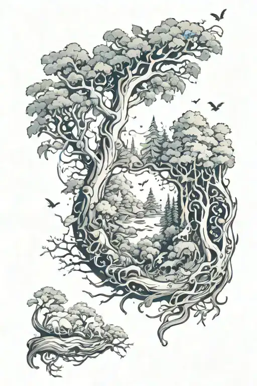 A detailed tattoo of a forest filled with hidden creatures and mystical beings tattoo design idea