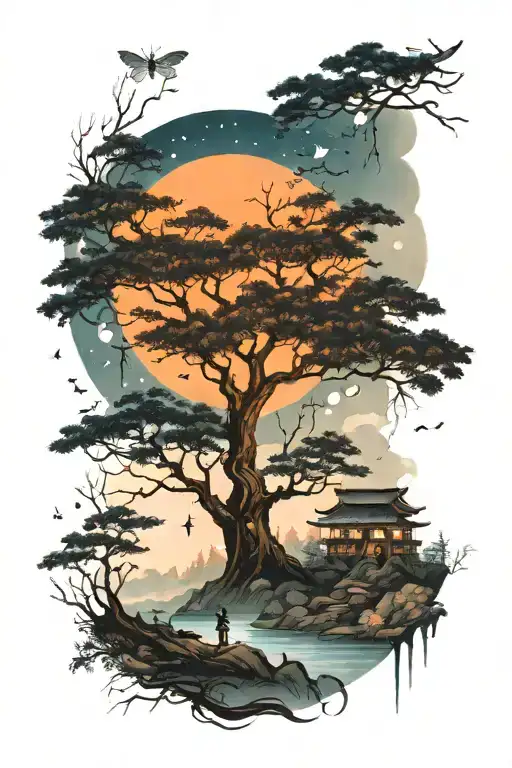 A dreamy landscape of moonlit trees and glowing fireflies, creating a mystical atmosphere in the forest tattoo design idea