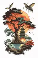 A dreamy landscape of moonlit trees and glowing fireflies, creating a mystical atmosphere in the forest tattoo design idea