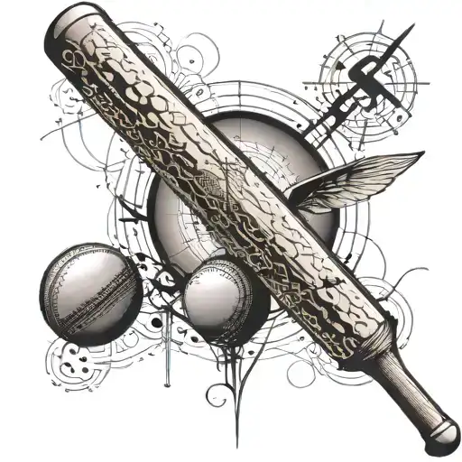 An intricate design of a cricket bat and ball with a mathematical equation in the background representing the analytical aspect of the sport tattoo design idea
