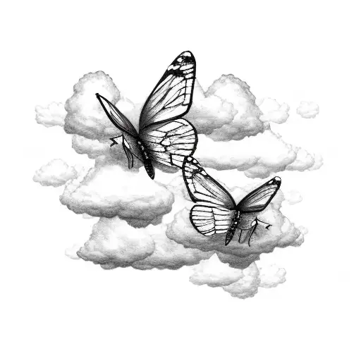 two butterflies in clouds, one butterfly is smaller with angel wings tattoo design idea