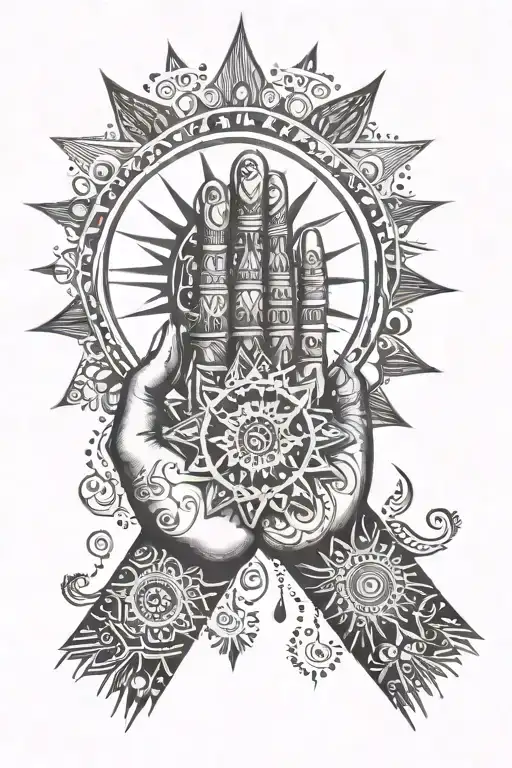 Mano di Fatima integrating tribals with suns and moons on the finger tips tattoo design idea