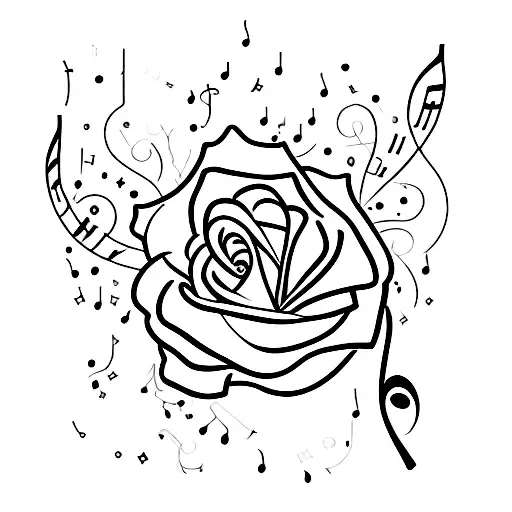 A simple outline of a rose with musical notes falling from its petals, symbolizing the harmony between Guns N' Roses and November Rain. tattoo design idea