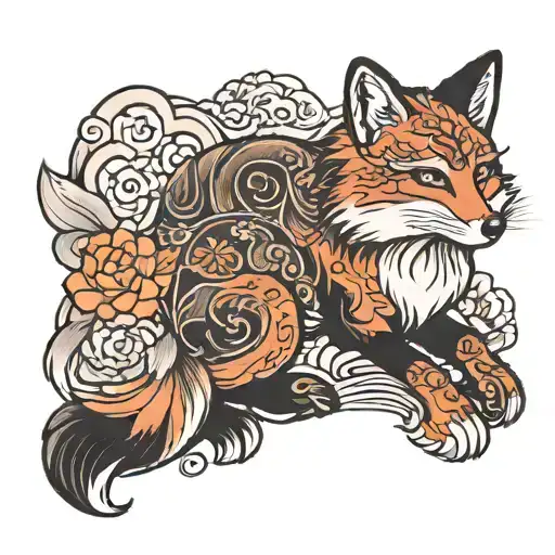 japanese fox curled tattoo design idea