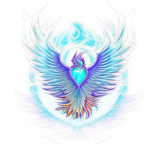 Phoenix wavy outline, dark blue shaded body, turqoise fire and wings, feathers extending at the bottom, spreading wings tattoo design idea