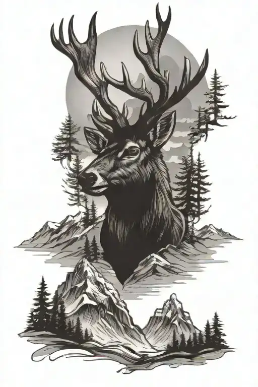 Stag head surrounded my mountain range tattoo design idea