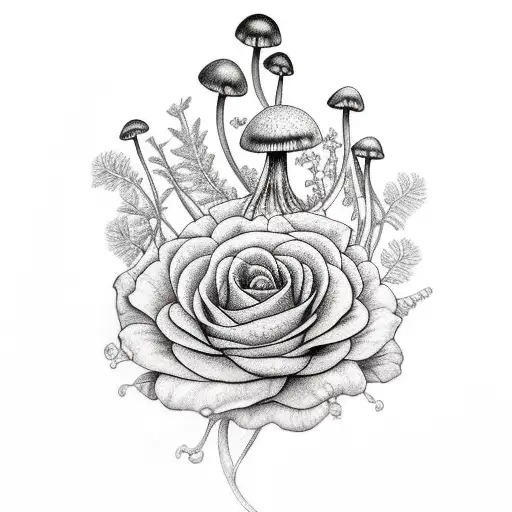 dalia flower, mushroom, maidenhair fern tattoo design idea