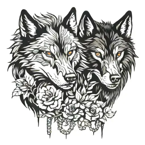 two mad wolves look in different directions, shrouded in chains and flowers in Scandinavian style 8k tattoo design idea