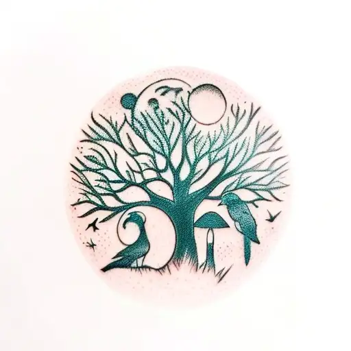 birds, trees, 2 small lioness, mushrooms, moon in outdoor landscape  tattoo design idea