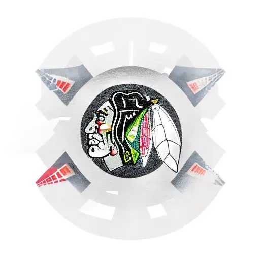 A realistic depiction of the Chicago Blackhawks logo surrounded by iconic landmarks from the cities you've traveled to, representing your love for both your favorite team and exploring new places. tattoo design idea