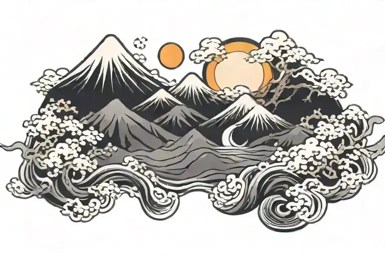 arm band with wind forest fire mount fuji moon thunder background black   tattoo design idea