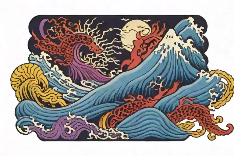 japanese armband featuring blue wind, yellow forest, red fire, white mountain, purple sun, red thunder tattoo design idea