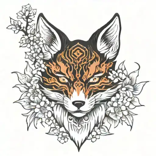 kitsune mask with spikes and flowers around it tattoo design idea