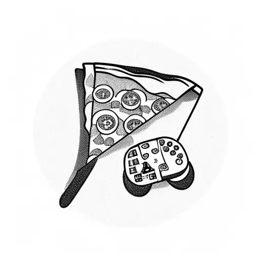 A pizza slice with game controller buttons as toppings tattoo design idea