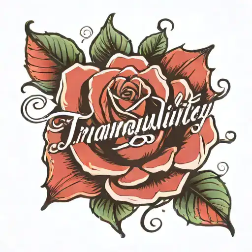 tranquility word written in cursive italic writing going down the stem of a rose tattoo design idea