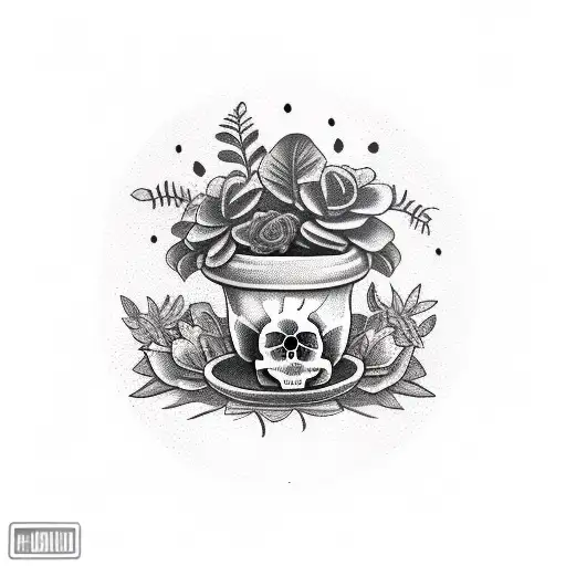 skull in pot with plants growing out the top tattoo design idea