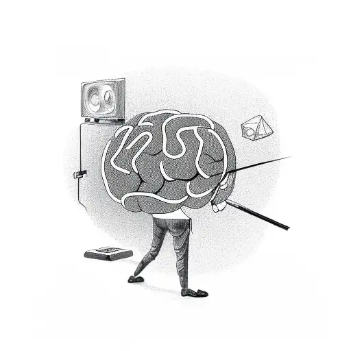 doodle brain playing in front of an old TV with a wired joystick  tattoo design idea