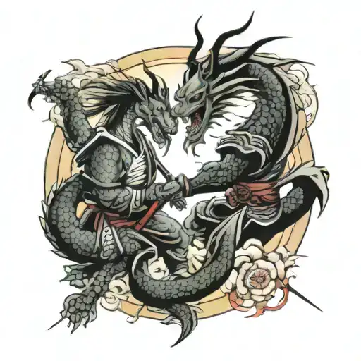 Samurai fighting against the dragon  tattoo design idea