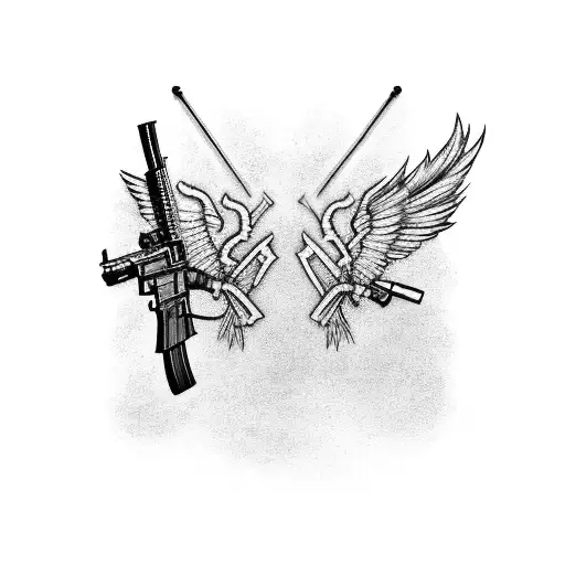 A pair of crossed M-16 rifles with wings spreading out from behind. In the background is an American flag. tattoo design idea