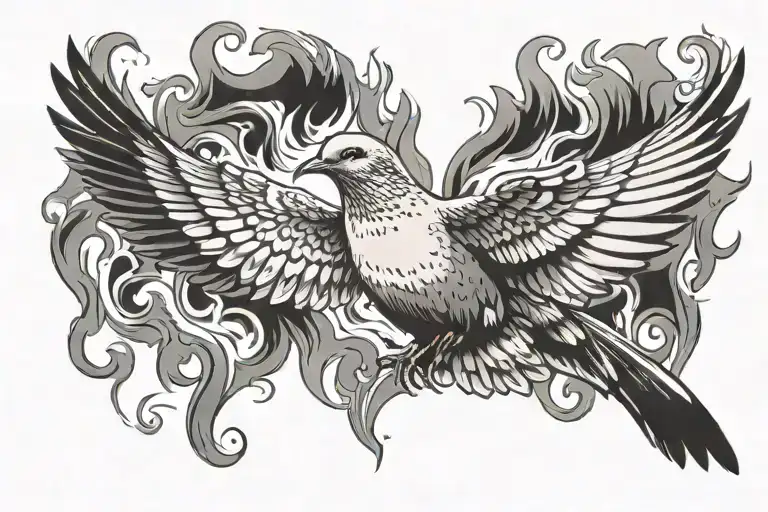 A centered mourning dove flying out of flames tattoo design idea