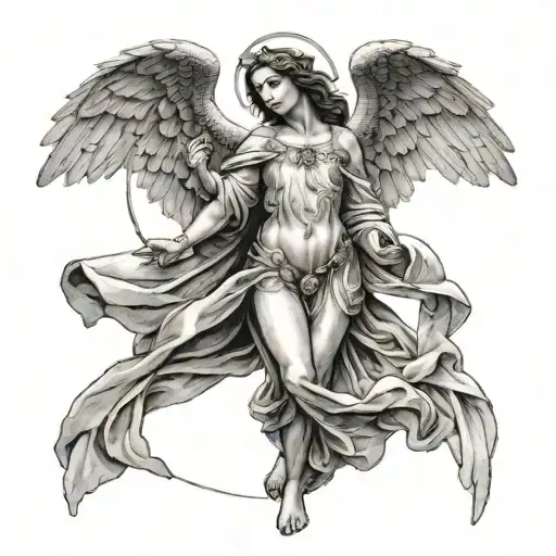 Give me a handsome Renaissance aesthetic angel, with a halo around his head dancing with a beautiful woman  tattoo design idea