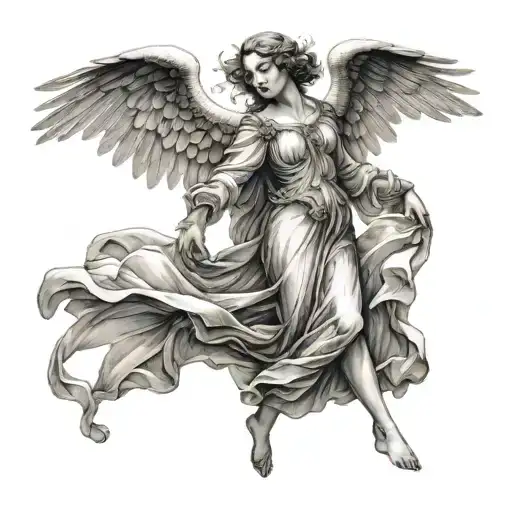 I want a Renaissance angel dancing with a woman with long flowing gowns  tattoo design idea