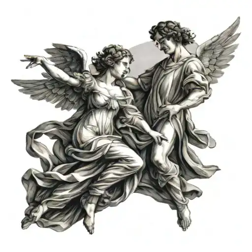 A Renaissance aesthetic, with two people, one being a handsome male angel. The other person a beautiful woman dancing tattoo design idea