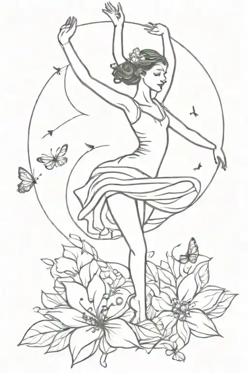 dancing ballerina with flowers and butterflies behind her tattoo design idea