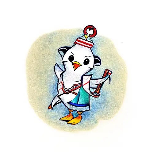 A sailor dancing with a penguin in a new-school style tattoo design idea
