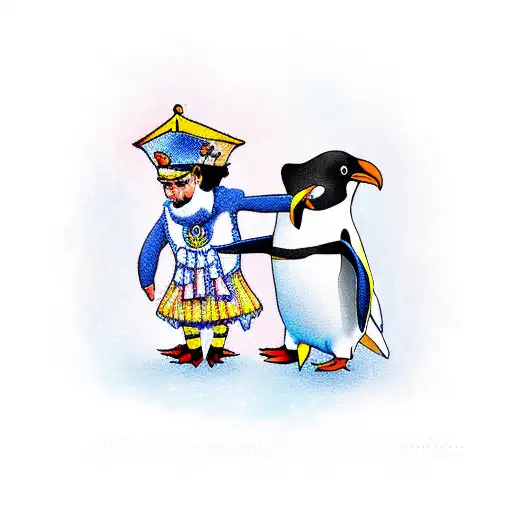 A sailor dancing with a penguin in a new-school style tattoo design idea
