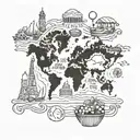 A culinary map tattoo showcasing different cuisines from around the world with landmarks representing each country visited tattoo design idea