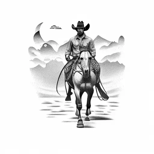 a cowboy on horseback as it rears with a skyline in the background tattoo design idea