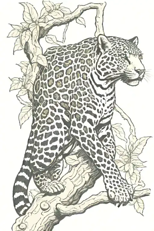 jaguar climbing down a tree branch tattoo design idea