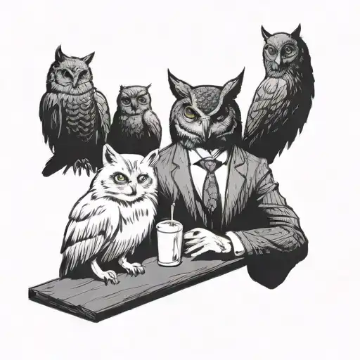 An insurance broker discussing policies with an owl and a cat at a bar tattoo design idea