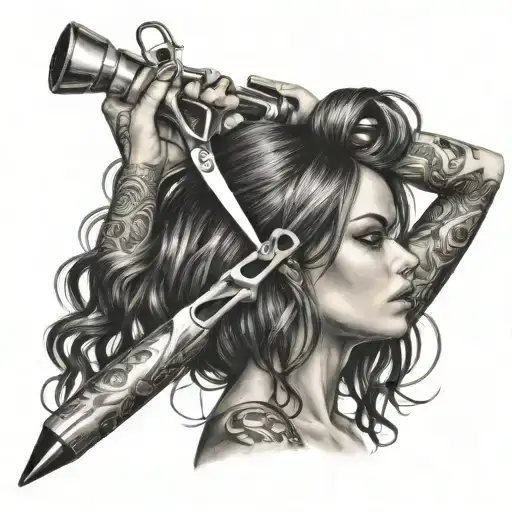 hair dresser exotice dancer girl holding a pair of scissors and a blow dryer tattoo design idea