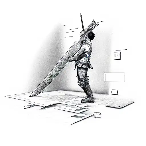 A computer engineer hacking into a virtual reality world with a sword in hand tattoo design idea
