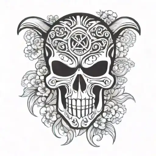 punisher skull over hawaiian tribal patterns tattoo design idea
