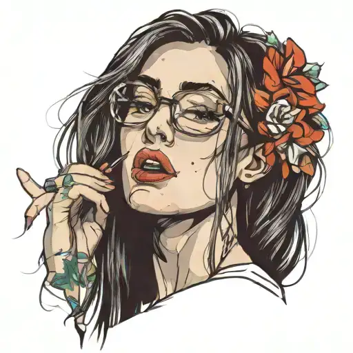 sexy european girl, long straight wet hair, glasses, tongue sticked out, closed eyes tattoo design idea