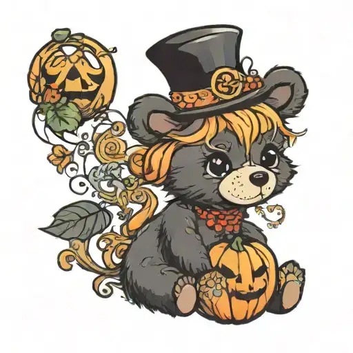 black teddy bear with a peanut and a berry on it's tummy, wearing a tiara and sitting inside a jack-o'-lantern  tattoo design idea