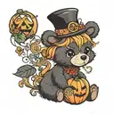 black teddy bear with a peanut and a berry on it's tummy, wearing a tiara and sitting inside a jack-o'-lantern  tattoo design idea